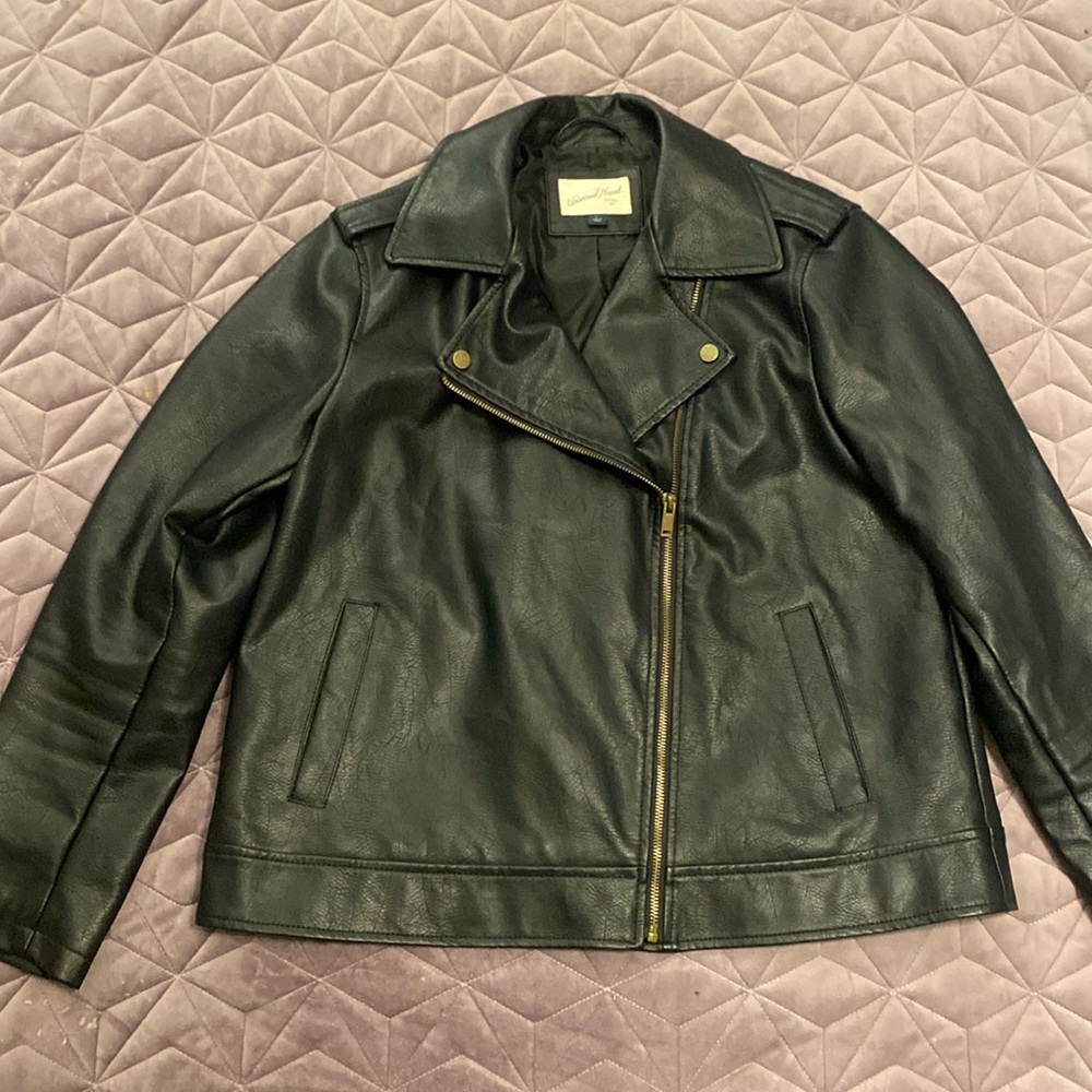 Black faux leather biker jacket, size L, never worn